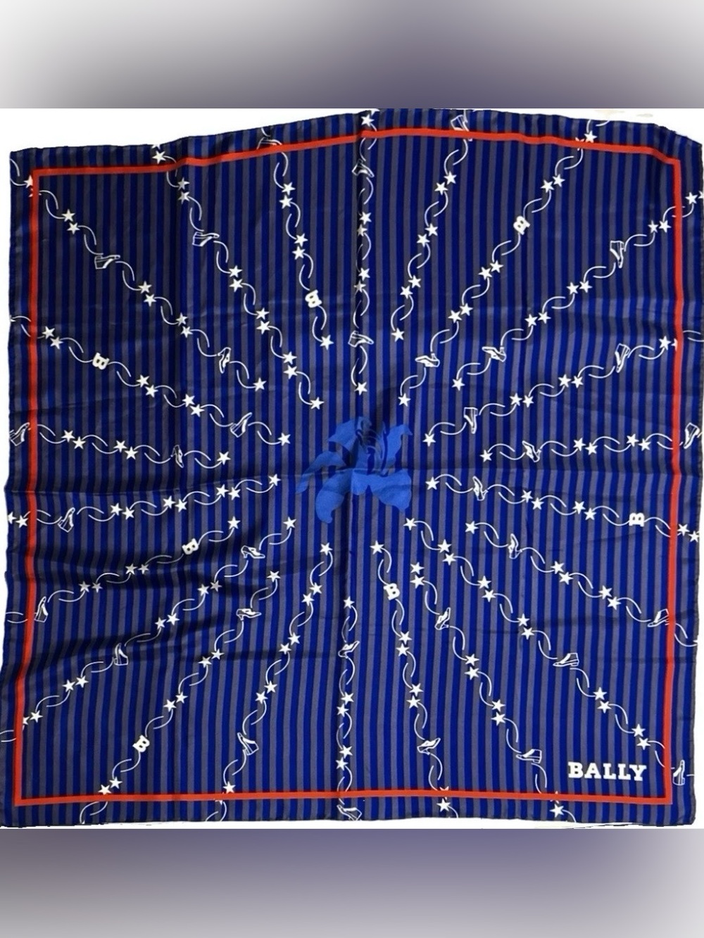 Vintage Bally Stars & Orchid Silk Scarf Blue Red Hand Rolled Made in Italy 34x34